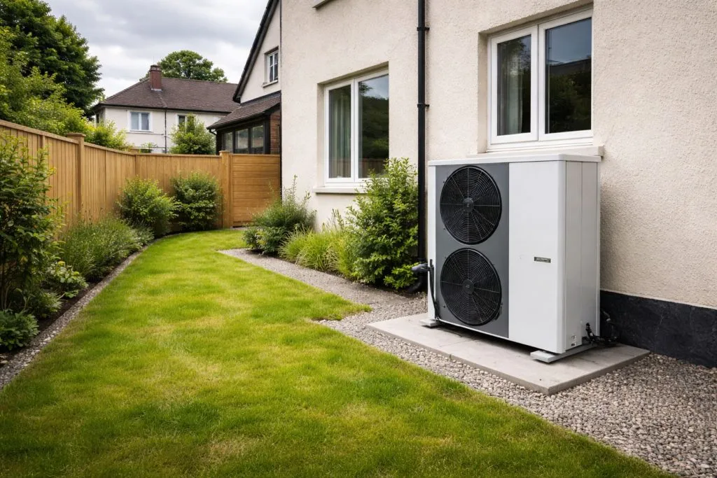 Air source heat pump unit installed on an Irish home exterior